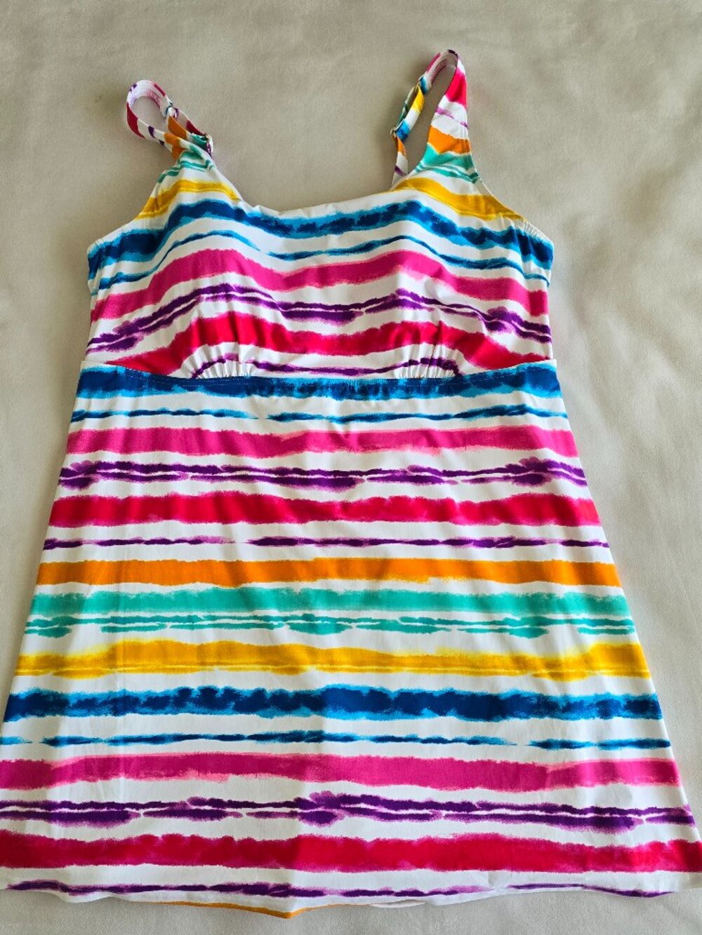 Lands End Size 24W Colorful Rainbow Stripe Underwire Boy Short Swim Dress NWT